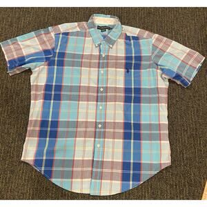 U.S. Polo Assn Plaid Button Up Shirt Short Sleeve Blue orange White Men's XL